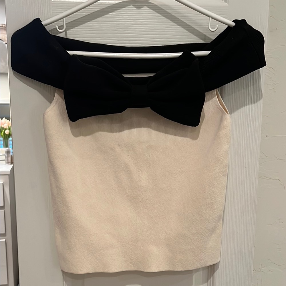 Black and Cream Off-Shoulder Top with Bow